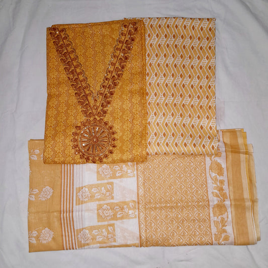 Yellow Color Unstiched Suit in Cotton Material with Cotton Dupatta